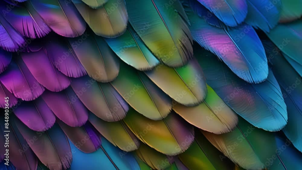 Poster an upclose look at a vibrant feather pattern with bold blues greens and purples blending together in