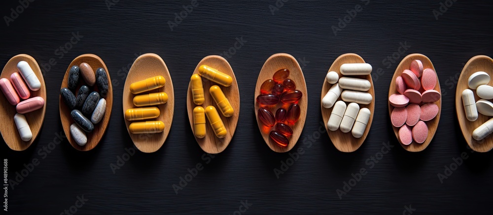 Poster top view of various vitamin and mineral pills on a wooden spoon against a colored background creatin