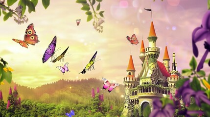 Fairy-tale castle with colorful turrets, set in a vibrant meadow, butterflies fluttering, medium shot, morning light. 