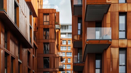 Modern brown apartment buildings in a housing development area