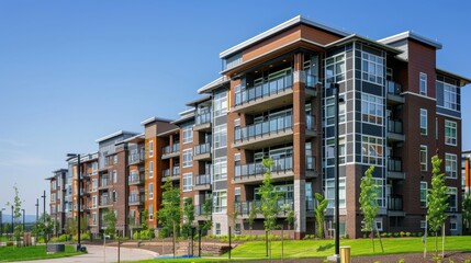 Modern brown apartment buildings in a housing development area