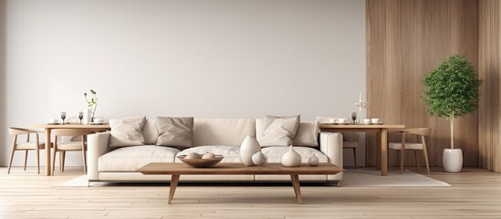 A modern living room with a beige sofa wooden coffee table and contemporary decor elements Template...