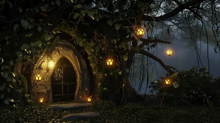 Hidden elf home with arched entrance, vines hanging down, illuminated by lanterns, close-up shot, dusk setting. 