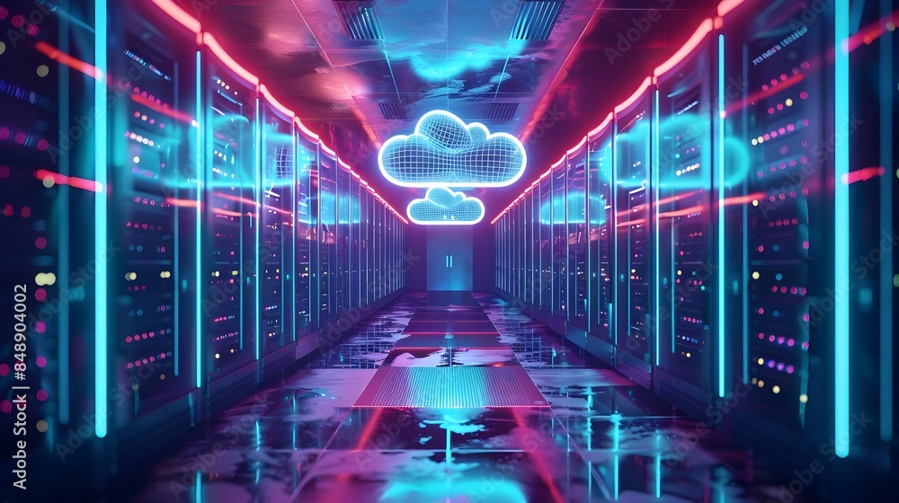 Poster futuristic glowing data center with digital clouds representing cloud computing concept