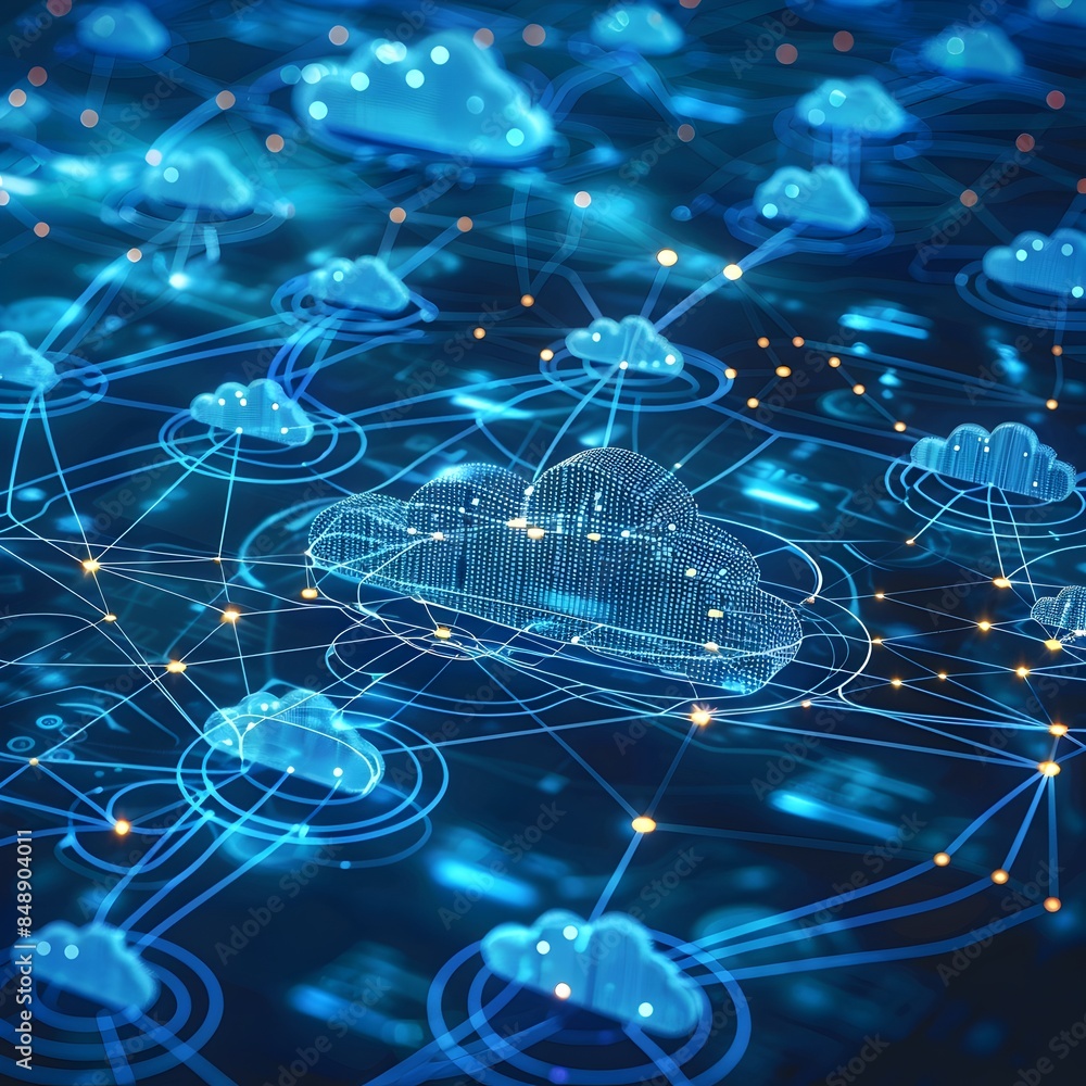 Poster futuristic cloud computing network visualization with data streams connecting devices and cloud node