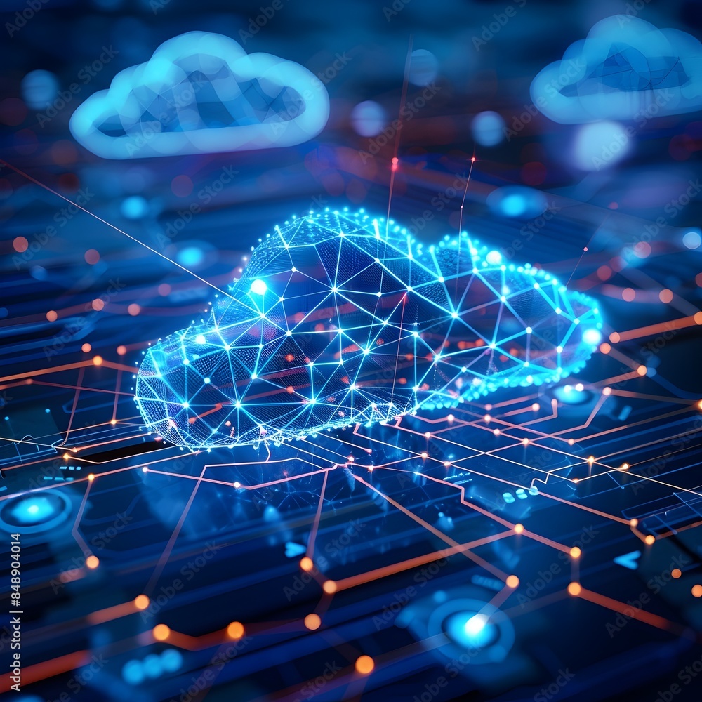 Poster cloud computing network visualization with data streams connecting devices and cloud nodes