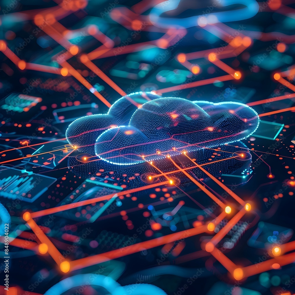 Poster cloud computing network visualization with interconnected devices and data streams
