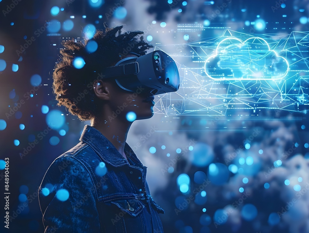 Aufkleber businessperson managing cloud infrastructure through virtual reality interface with floating data no