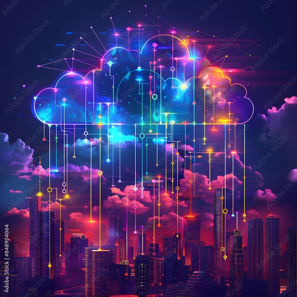 Poster vibrant cityscape with digital cloud connecting smart buildings representing cloud computing technol