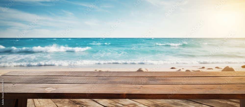 Poster rustic wooden table on a beach background for showcasing summer products or travel ads with editable