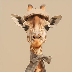 A whimsical and charming illustration of a giraffe wearing a checkered bow tie and a vintage flat cap. The giraffe's expressive face and sophisticated accessories create a humorous.