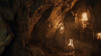 Ancient stone dwelling deep within a cave, glowing runes on the walls, close-up shot, soft ambient light. 