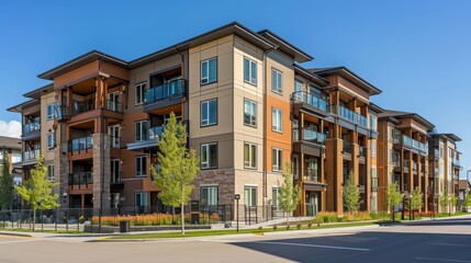 Modern brown apartment buildings in a housing development area