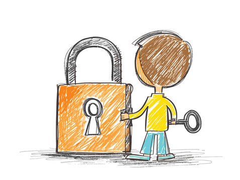 isolate white background, A person with a key and lock, suggesting both being the solution and security, drawing in color pencil art and copy space, very simple and isolate in the style of animated