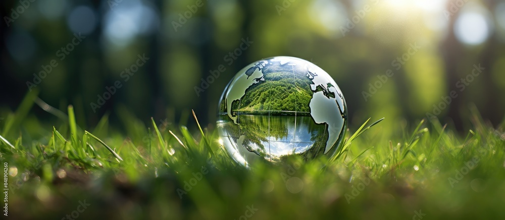 Poster a glass globe representing environmental conservation placed in a grassy setting with copy space ima