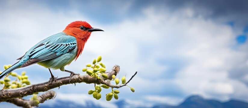 Endangered Hawaiian honeycreeper bird Iiwi perches on a tree top with a cloudy sky background creating a picturesque scene for a copy space image