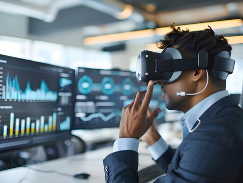 Businessperson Analyzing Financial Data Using Virtual Reality Glasses in Innovative Office Setting