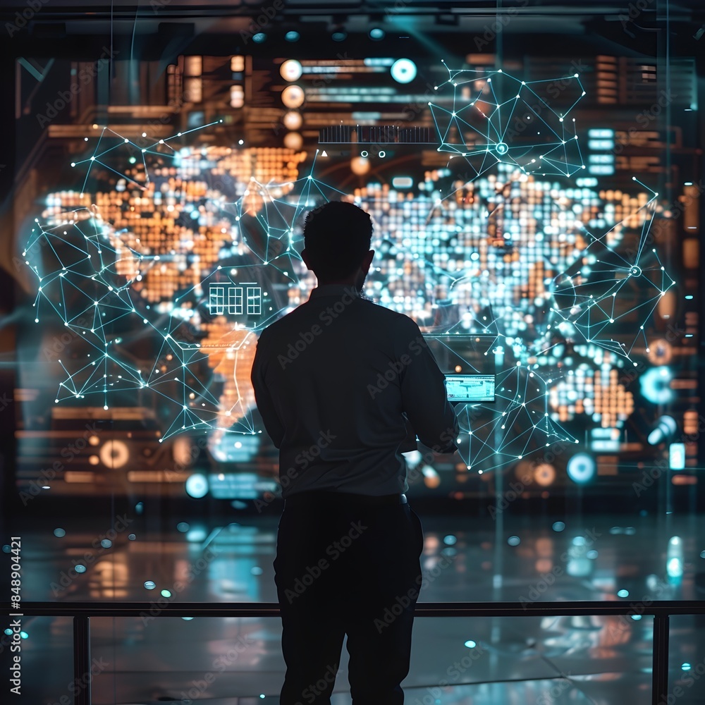 Poster businessman analyzing holographic digital dashboard for global communication and technology networki