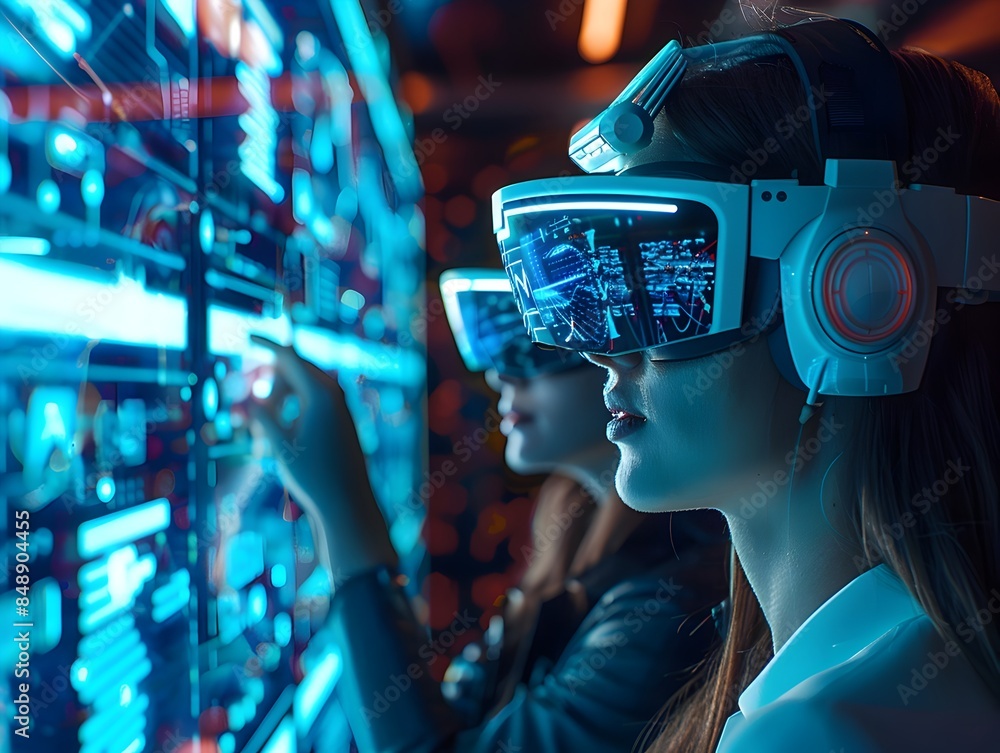 Poster business professionals visualizing data and network graphs using augmented reality technology in fut