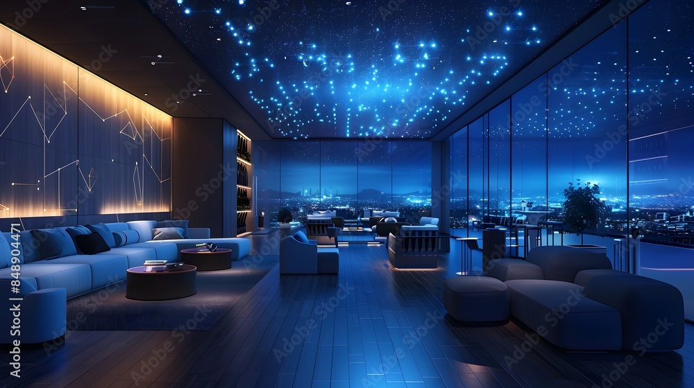 Poster futuristic business lounge with professionals using wearable tech for digital communication and inte