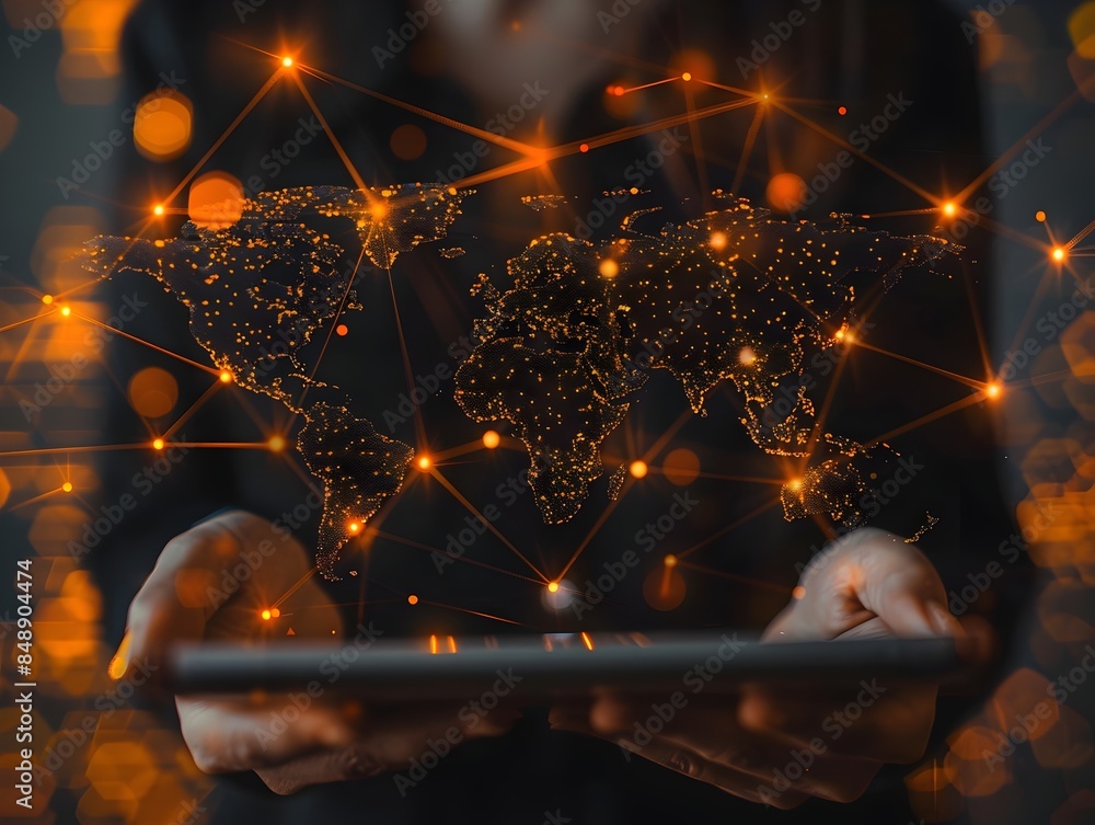 Poster global digital business networking and communication concept with interactive world map