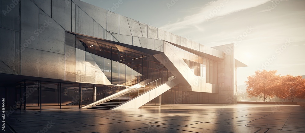 Poster contemporary building design featuring sunlight rays shining from the right corner with a clear spac
