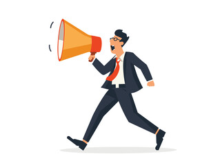 Fototapeta premium white background, Businessman walking and talking into a megaphone vector image, very simple and isolate in the style of animated illustrations, white background