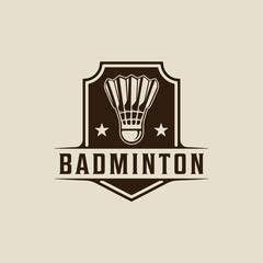 Obraz premium shuttlecock of badminton emblem logo vintage vector illustration template icon graphic design. sport sign and symbol for club or academy or tournament with badge retro style concept