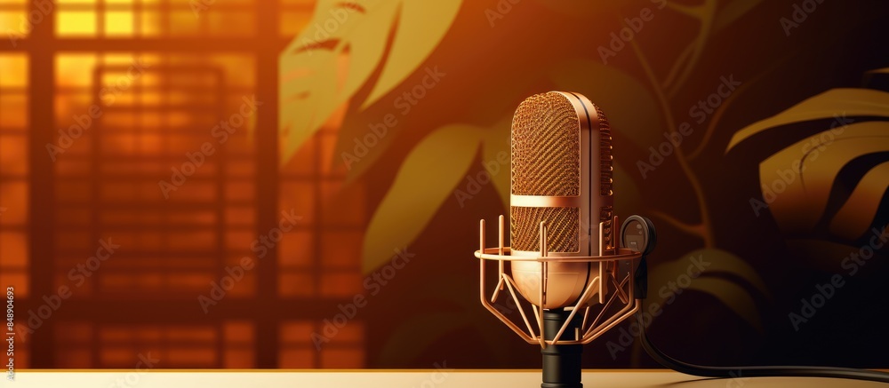 Poster copy space image of a microphone in a podcast studio with a banner for added space