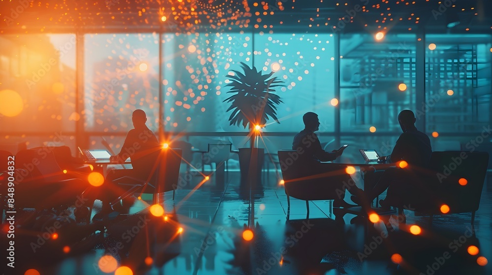 Poster futuristic business lounge with networked digital tablets glowing with shared data and connections
