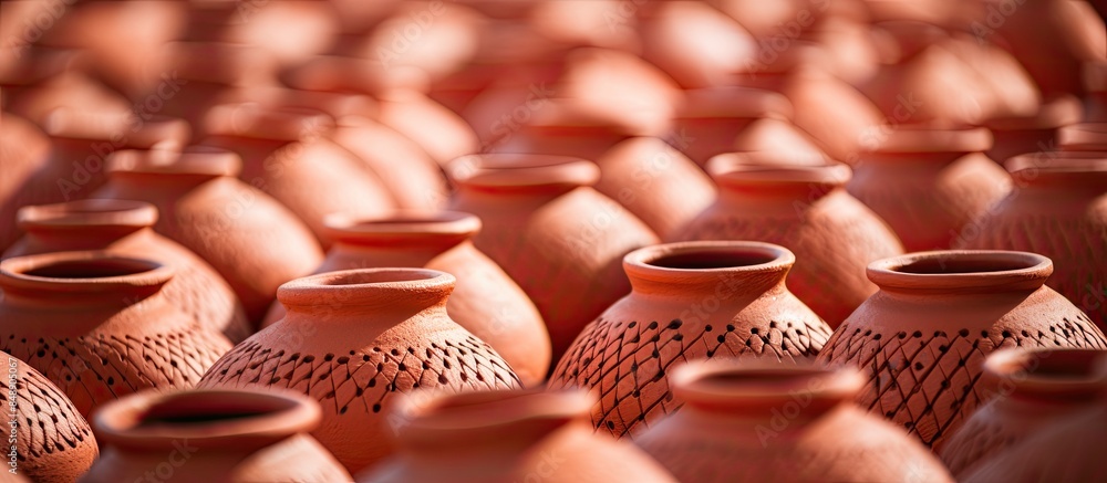 Poster focused on the porous texture of red handmade clay pottery in soft focus a full frame background pro