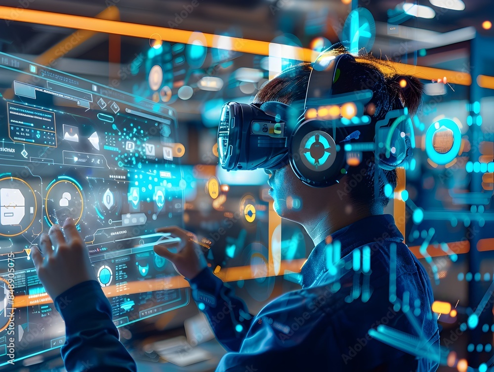 Poster employees interacting with holographic data and network graphs in a modern office