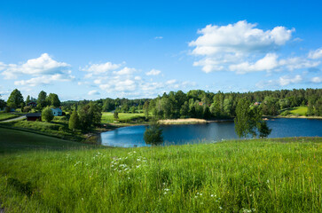 Fototapeta premium Swedish countryside landscape with lush green field and lake on warm summer day, Lake Foxen in Värmland, Sweden