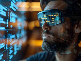 Businessman Using Smart Glasses to Interact with Digital Interfaces and Network Graphs in Futuristic Business Setting