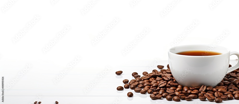 Poster a coffee cup with beans on a white backdrop featuring copy space image for customization