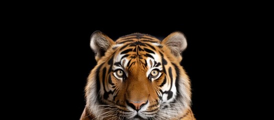 Obraz premium Close up portrait of a tiger s head looking at the camera against a white background with copy space image