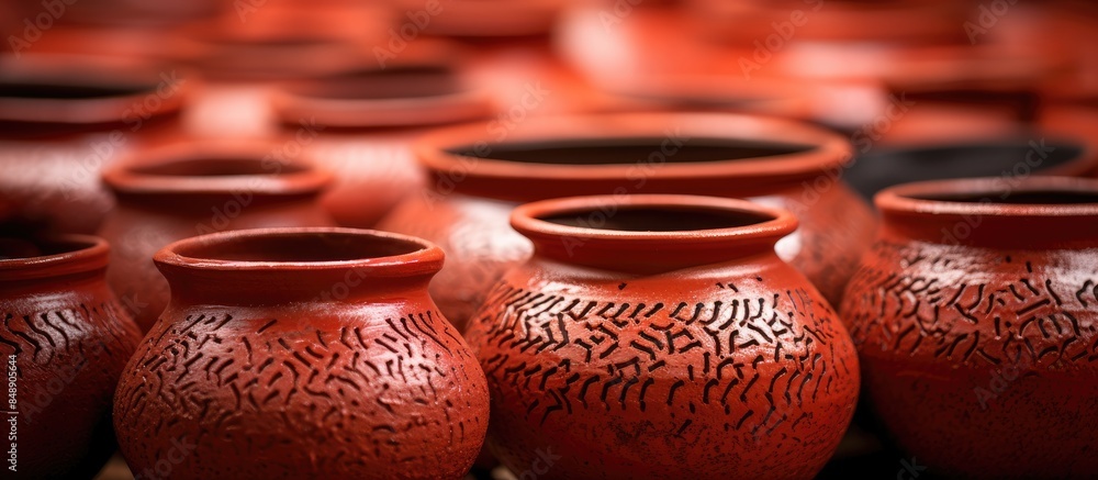 Poster focused on the porous texture of red handmade clay pottery in soft focus a full frame background pro