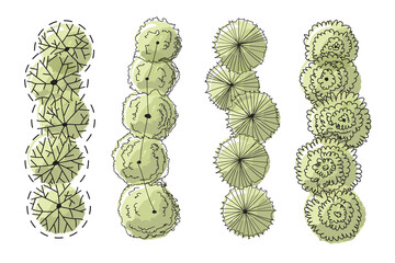 Trees top view plan Architectural and Landscape elements, top view. Collection of houses, plants, garden, trees View from above