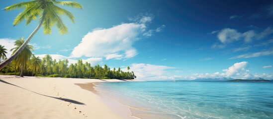 Tropical beach with sandy shore clear ocean palm trees and a sunny sky ideal for a vacation. Copy space image. Place for adding text and design