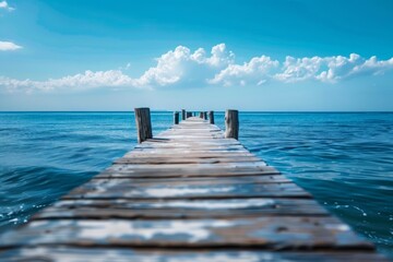 Fototapeta premium Serene imagery of an old wooden pier stretching into the vast blue ocean, perfect for themes of tranquility and nature.
