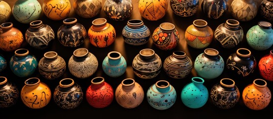 An aerial perspective displaying an arrangement of creatively painted handmade pottery jars with copy space image