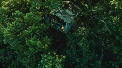 Treehouse refuge built from scavenged materials, nestled in overgrown forest, soft green light, aerial view, blending with nature