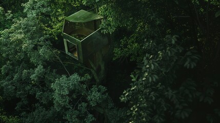 Treehouse refuge built from scavenged materials, nestled in overgrown forest, soft green light, aerial view, blending with nature 