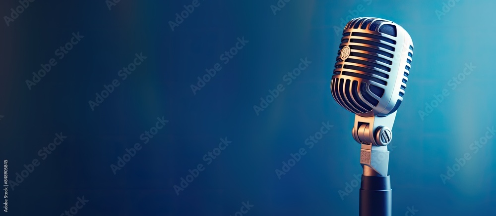 Poster a close up of a microphone in a recording studio or radio station on a blue background ideal for tec