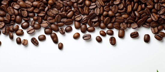 Obraz premium Dark coffee beans float on white backdrop with copy space image