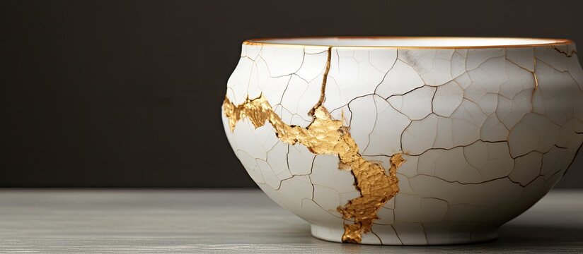 Japanese pottery with gold restoration cracks using Kintsugi technique highlighting imperfections with a distinctive charm in the copy space image