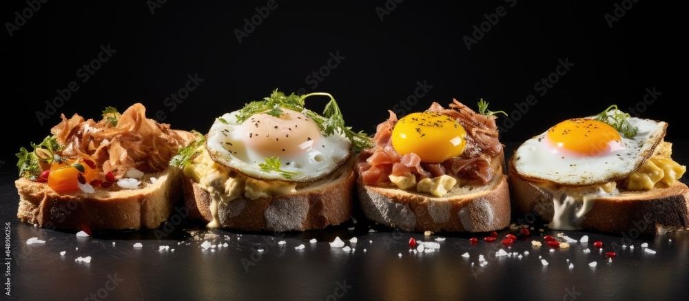 Poster breakfast of fried toast topped with various chicken egg variations like scrambled fried poached and