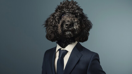 A black curly-haired dog wearing a navy blue suit and tie stands proudly, emanating a sense of confidence and formality, against a subdued background.