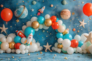 A colorful room with a rainbow balloon arch and a couch. Celebrate Party backdrop