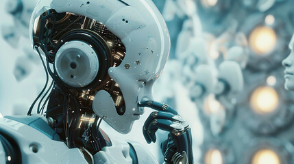 Fototapeta premium A robot with a human head showcasing AI Artificial Intelligence technology and a digital brain engin